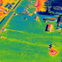 Aerial thermograph of commercial roof with water intrusion