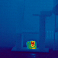 Thermograph of a cat hiding in a carport
